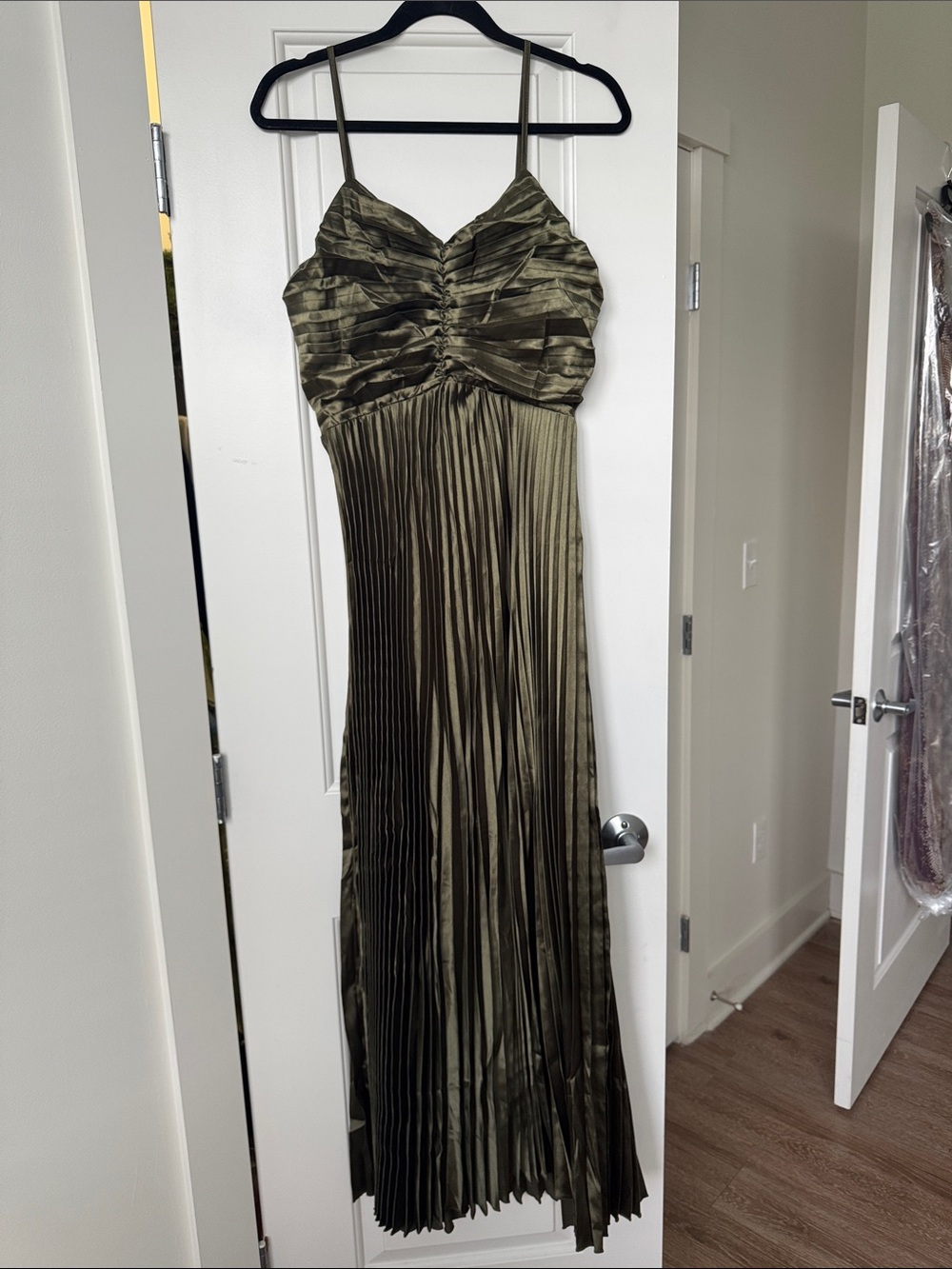 Olive Green Pleated Satin Maxi Dress - Spaghetti Strap